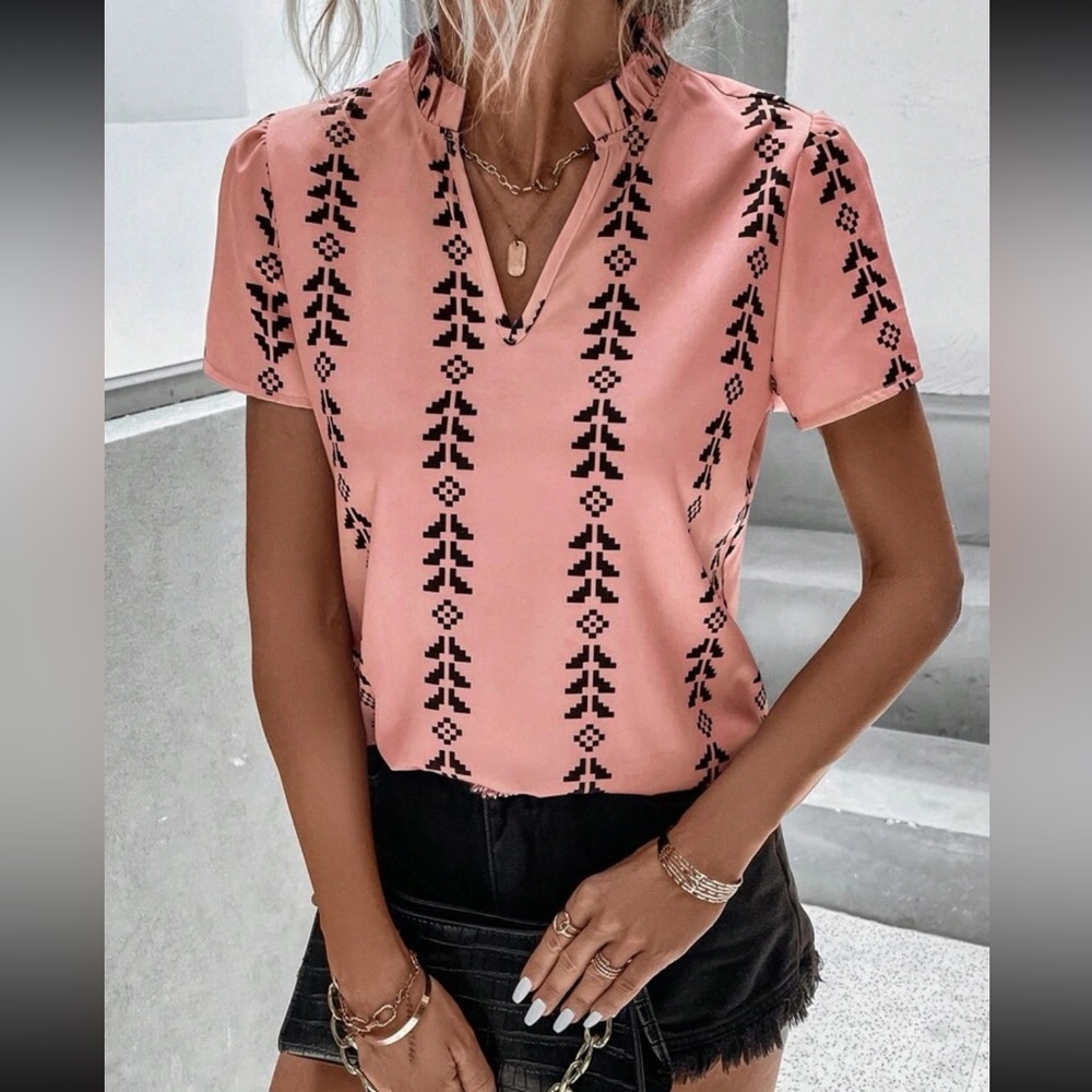 Boho geo print notched neck blouse